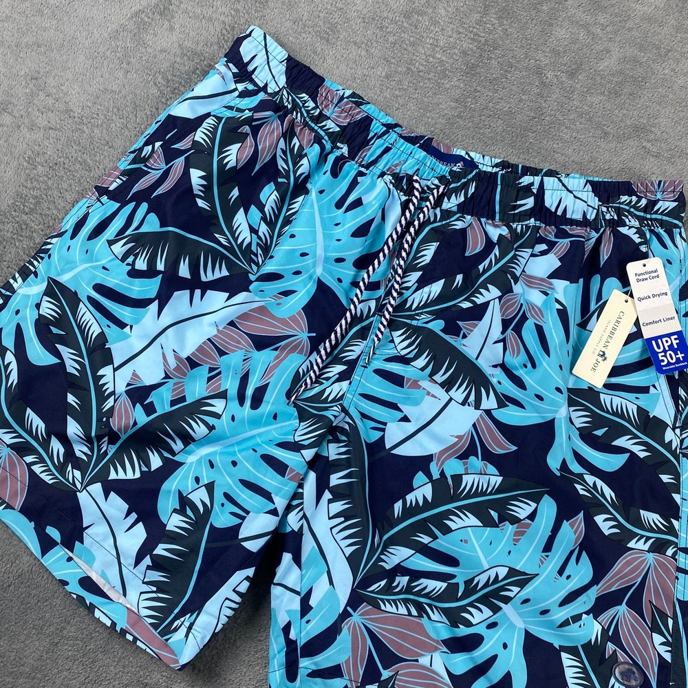 Caribbean Joe Mens XL Swim Trunks Blue Tropical Palm Leaf UPF 50+ Quick Dry